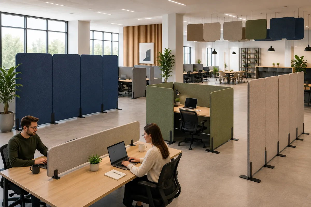 Open office with multiple acoustic divider configurations — floor-standing, workstation surrounds, and hanging panels by Yamamah Smart
