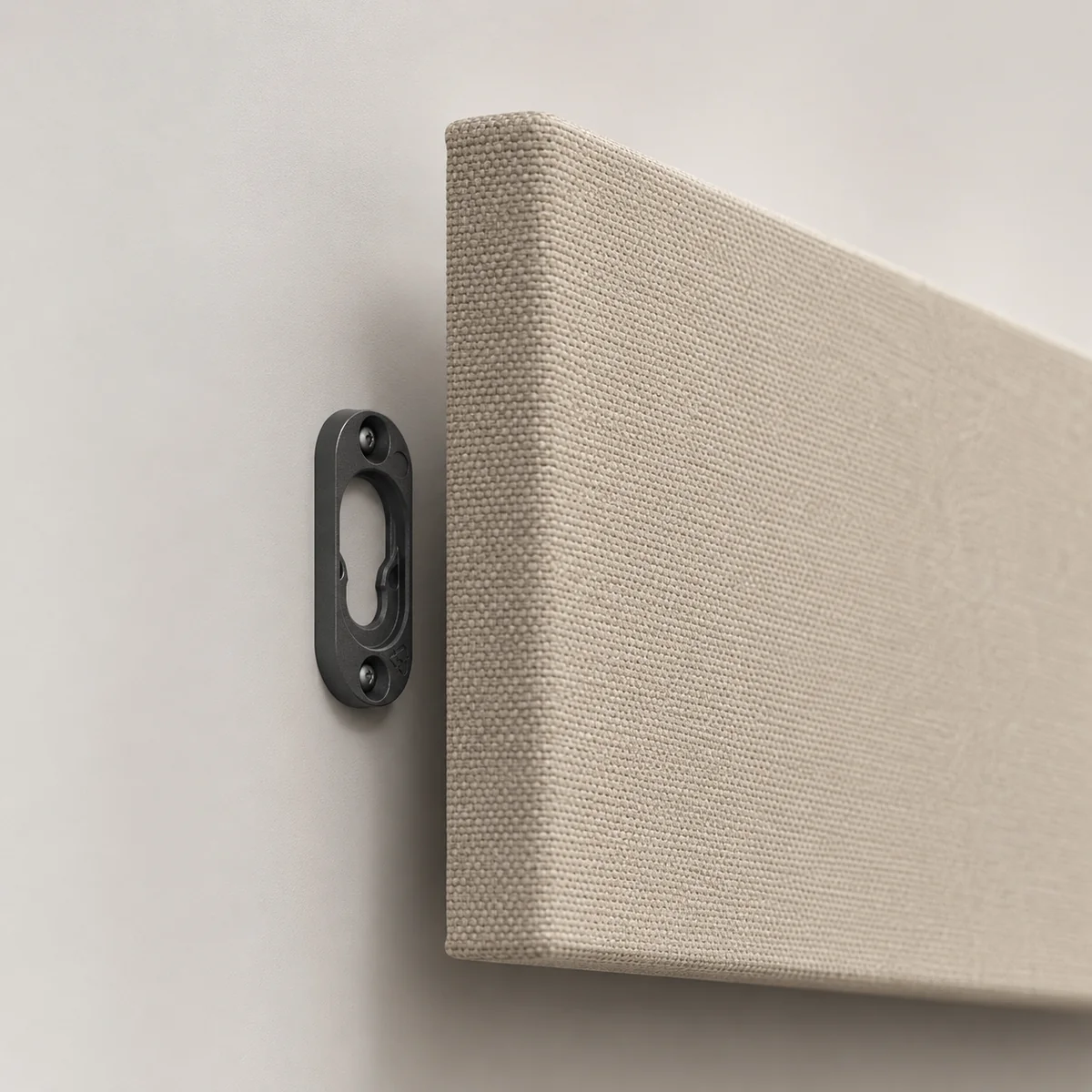 Acoustic fabric panel installation clip close-up