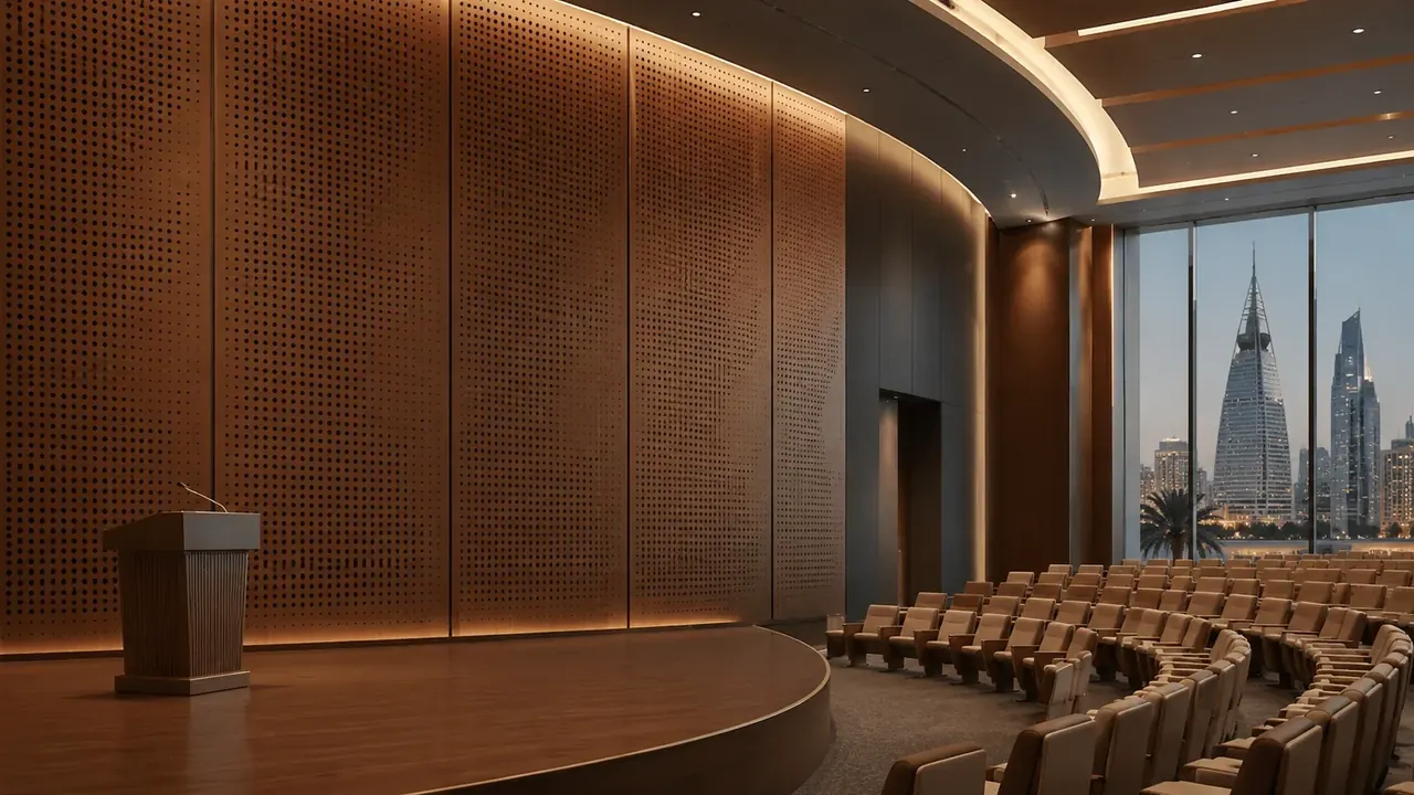 Curved auditorium with perforated wood acoustic walls and Kingdom Tower view