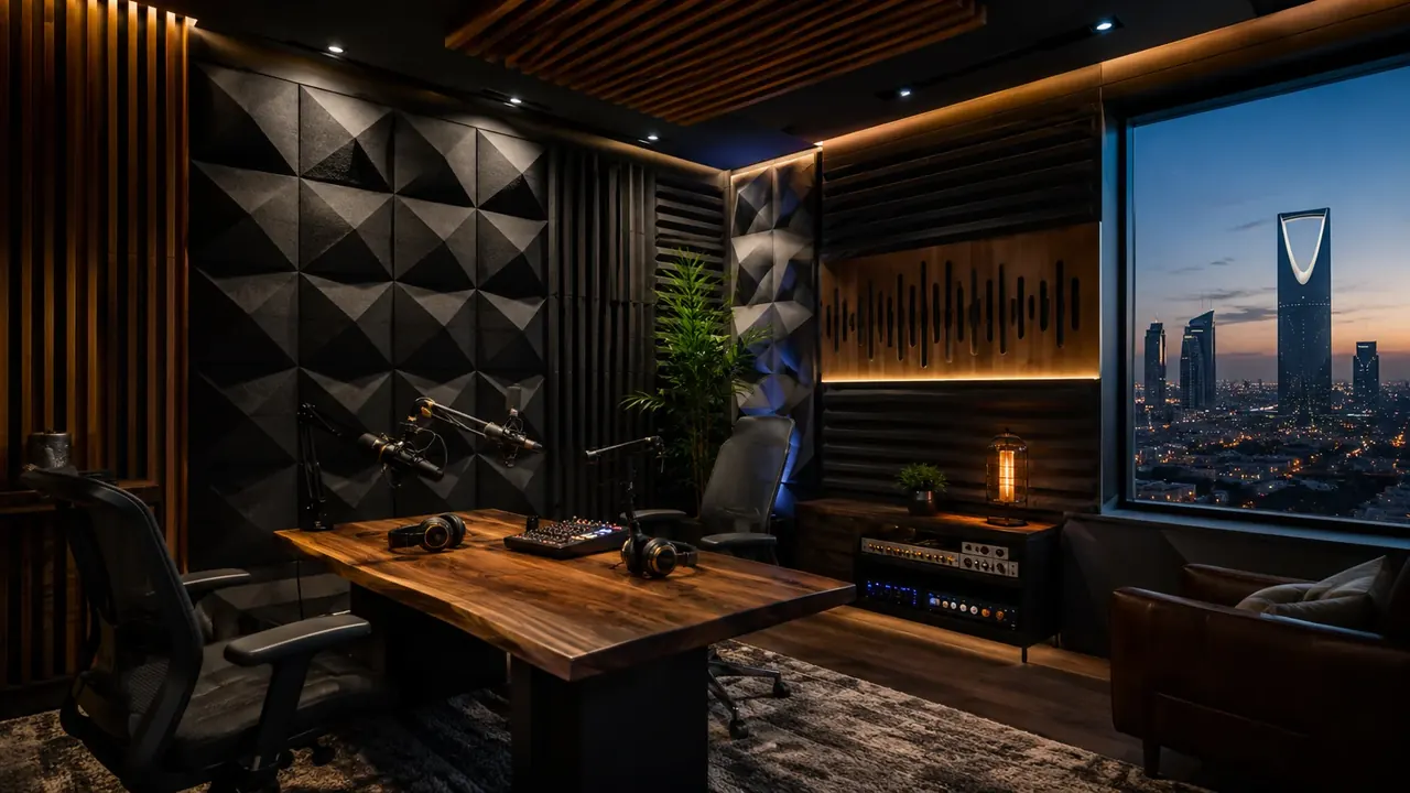 Dark recording studio with 3D acoustic panels overlooking Riyadh at dusk