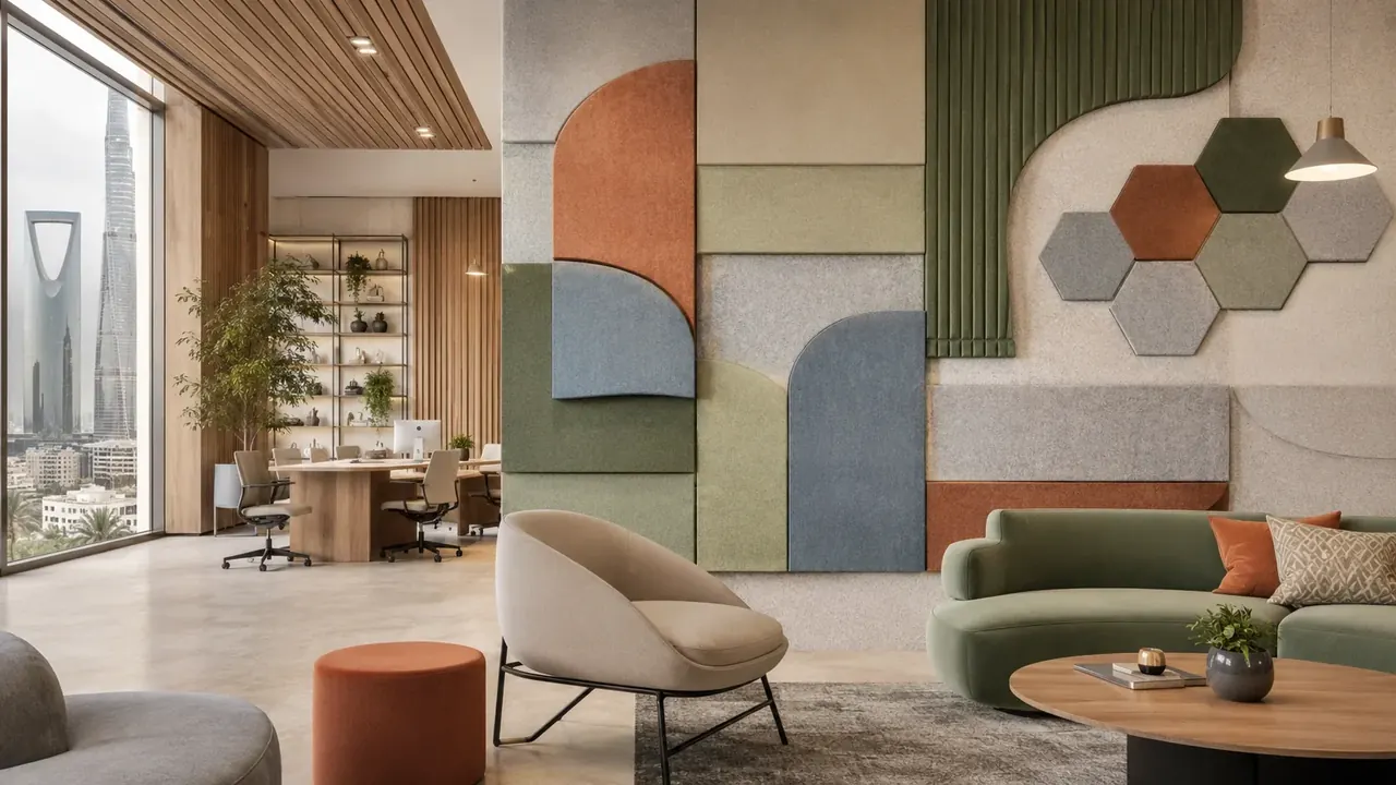 Modern lobby with geometric multicolor acoustic art and Riyadh skyline