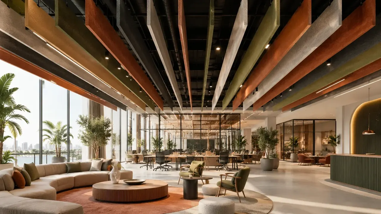 Open workspace with colorful hanging acoustic baffles