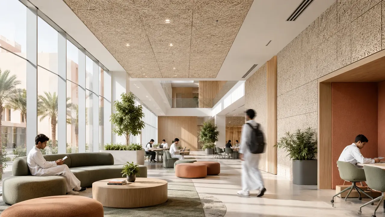 Bright co-working lobby with wood-wool acoustic ceiling