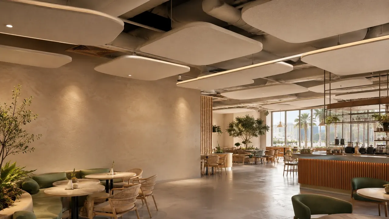 Café with floating acoustic ceiling clouds