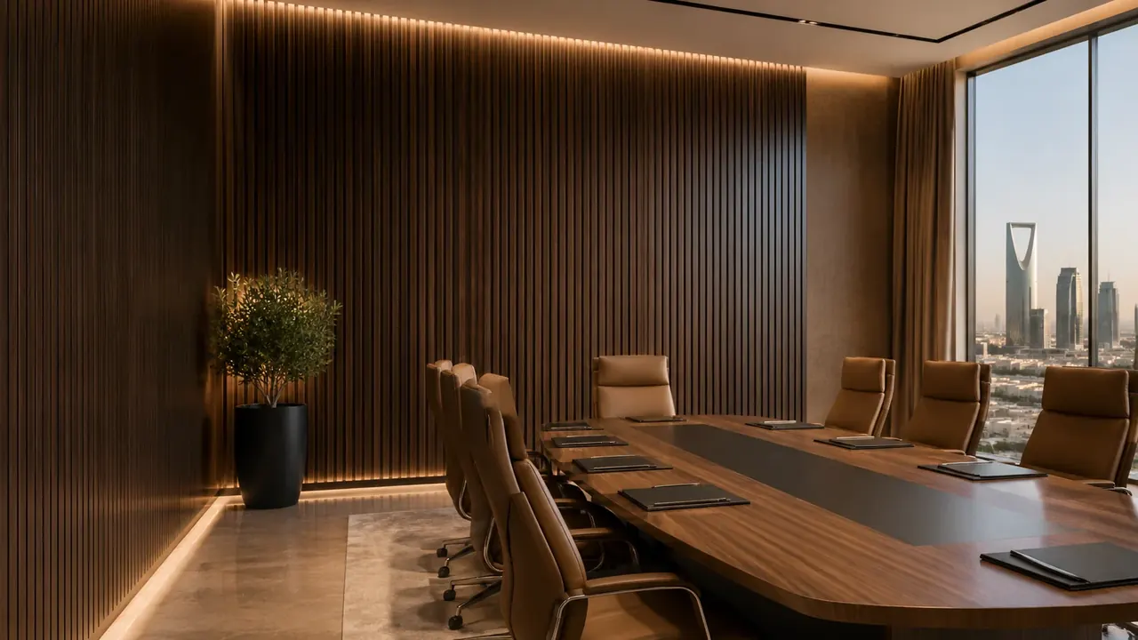 Premium boardroom with vertical wood acoustic slats overlooking Riyadh