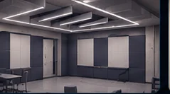 Acoustic design — modern interior with acoustic panels and linear lighting