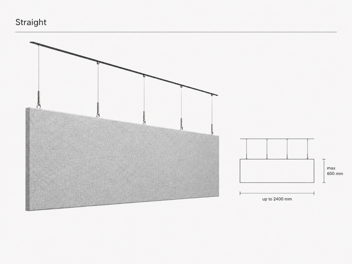 Straight PET acoustic baffle by Yamamah Smart — linear felt panel suspended from ceiling cable rail, up to 2400 mm length and 600 mm height