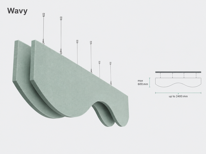 Wavy PET acoustic baffle by Yamamah Smart — mint green undulating felt profile with suspension cables, up to 2400 mm × 600 mm