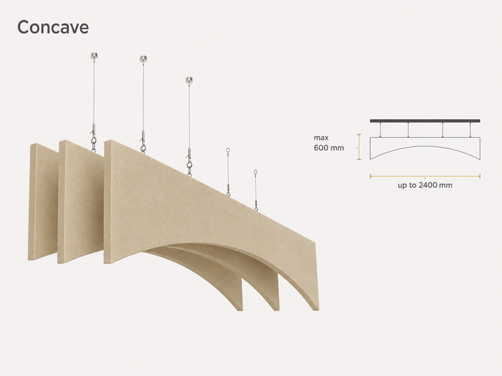Concave PET acoustic baffle by Yamamah Smart — sand beige inward-curved felt panels suspended in series, up to 2400 mm × 600 mm
