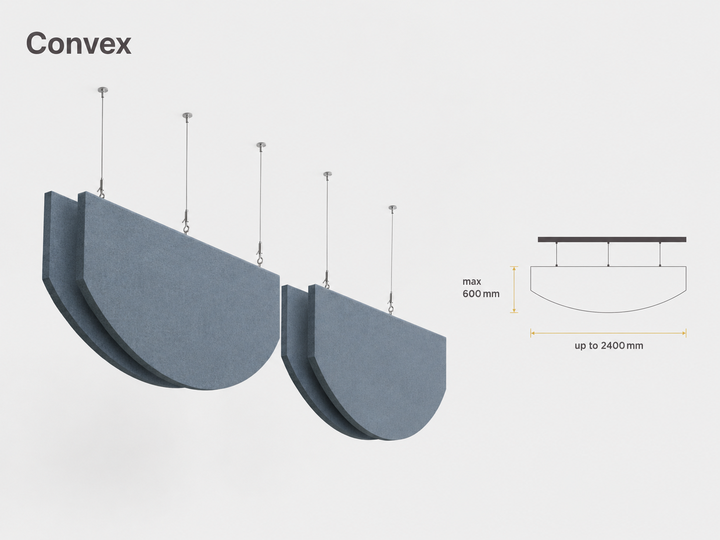 Convex PET acoustic baffle by Yamamah Smart — blue-grey outward-curved felt panels with suspension cables, up to 2400 mm × 600 mm