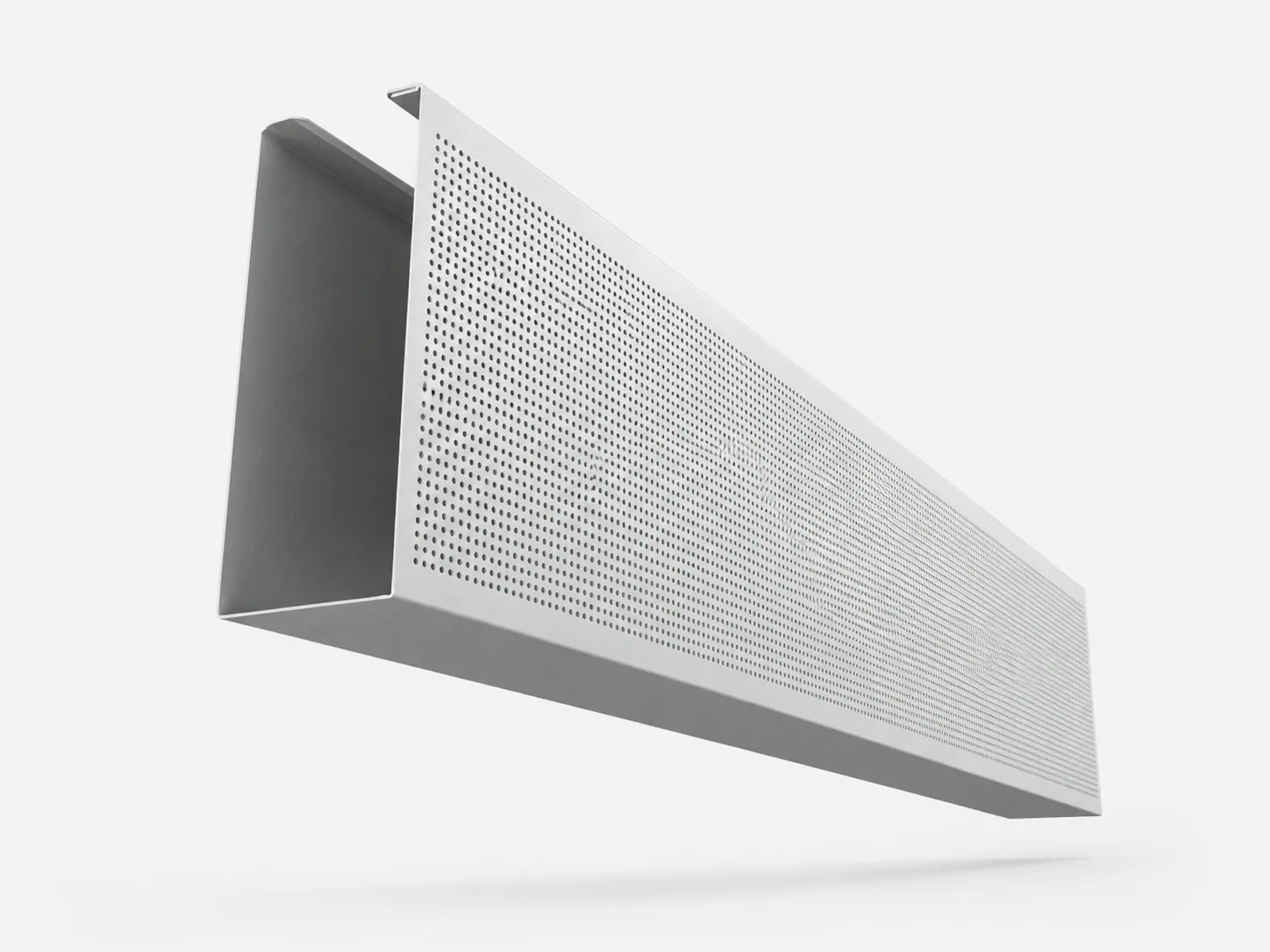 Perforated metal acoustic baffle without infill — silver powder-coated profile with empty internal cavity, Yamamah Smart