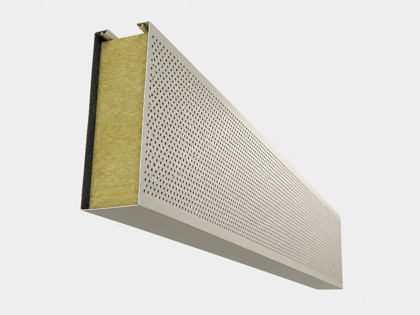 Perforated metal acoustic baffle with black acoustic fleece and yellow mineral wool infill — cream powder-coated profile, Yamamah Smart