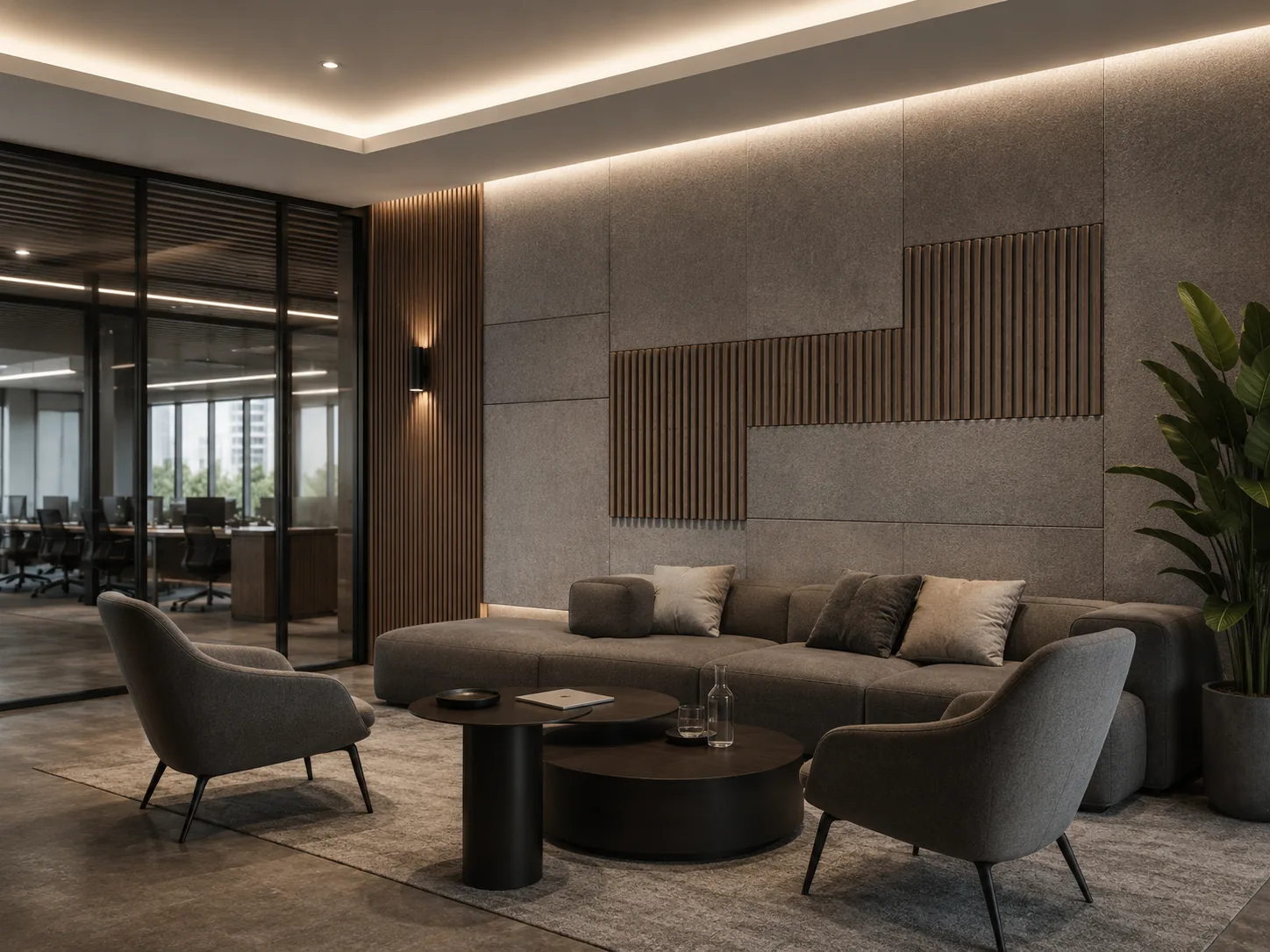 Apartment lounge with fabric and wood-slat acoustic feature wall