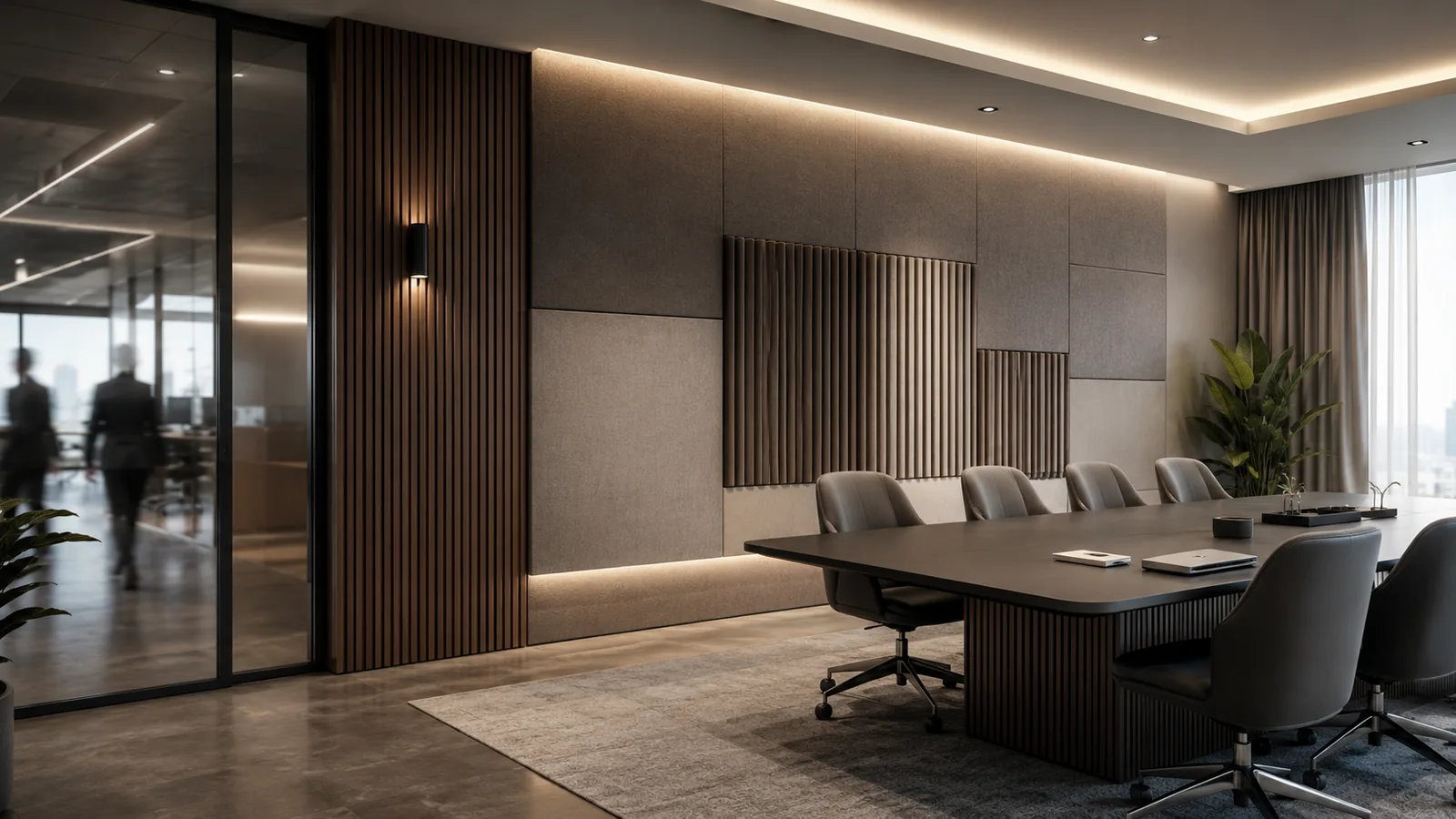Boardroom with combined fabric + wood slat acoustic walls