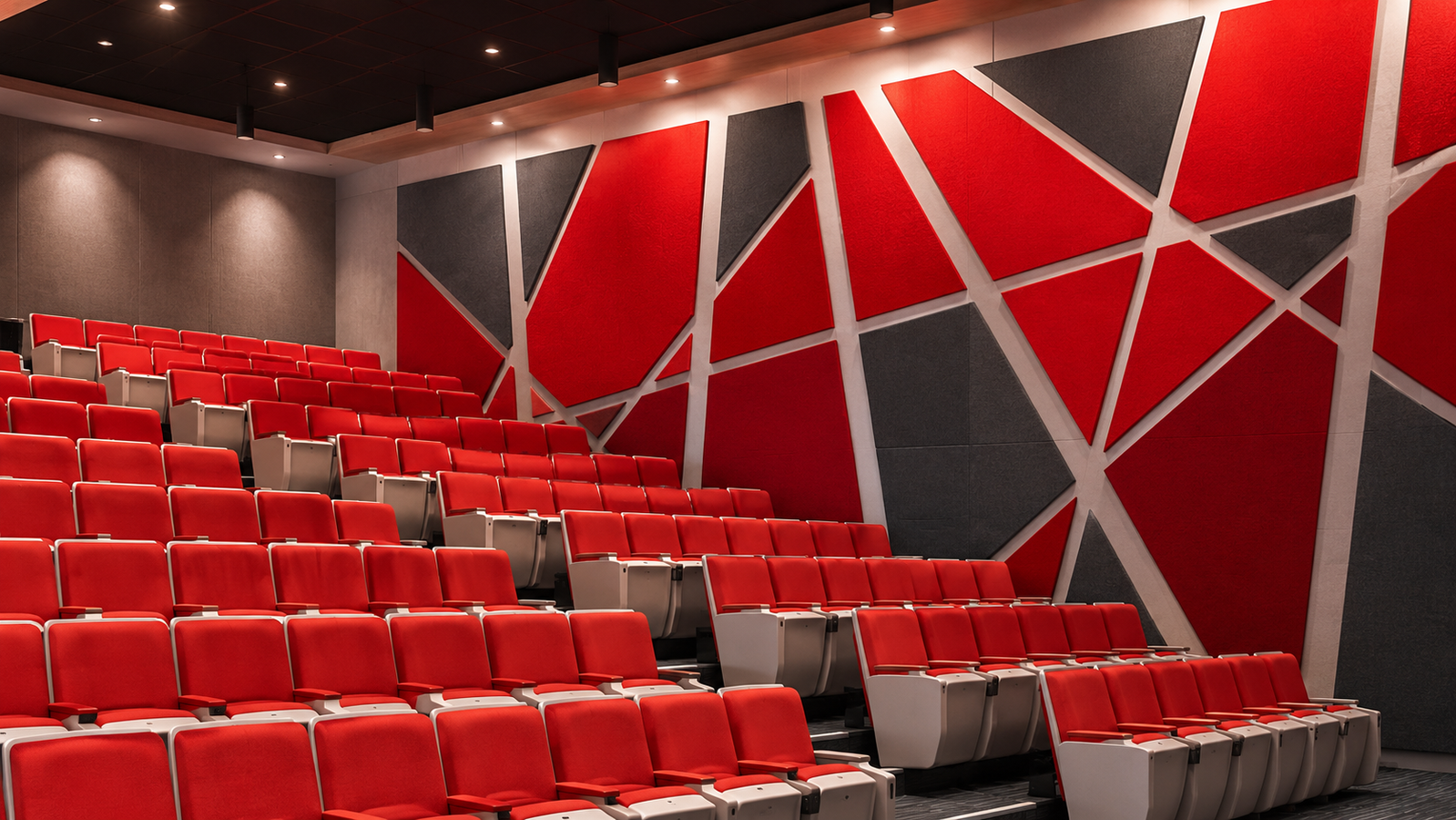 Cinema with red and grey triangular fabric acoustic panels by Yamamah Smart