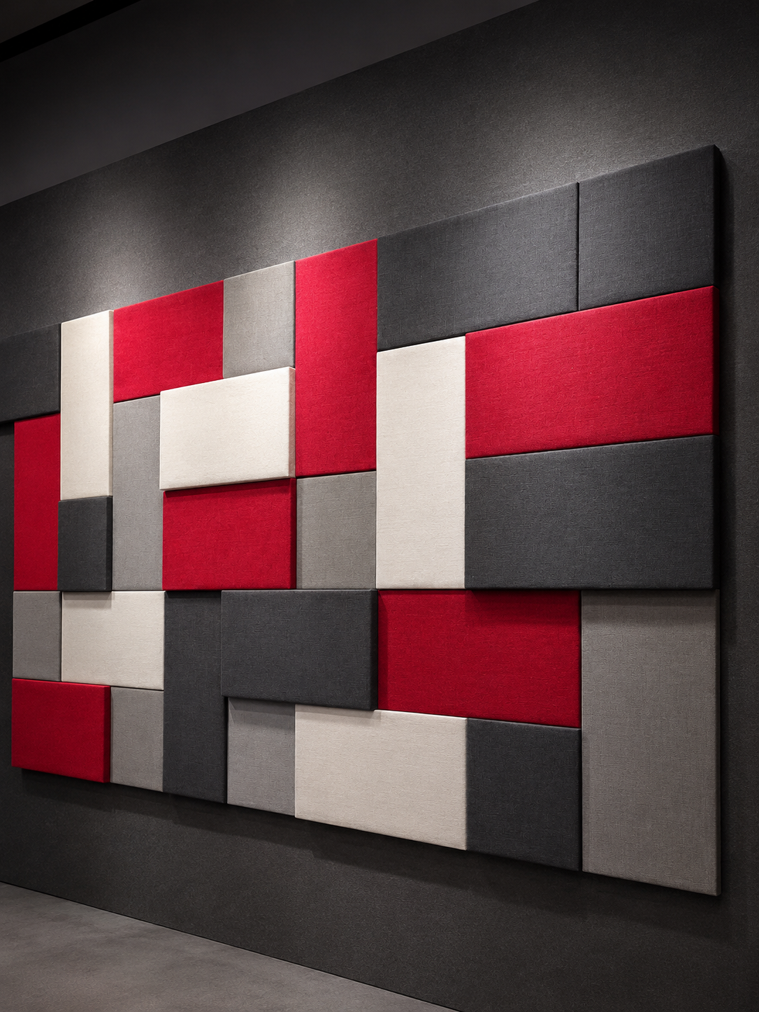 3D modular red, grey, and cream fabric acoustic wall composition by Yamamah Smart