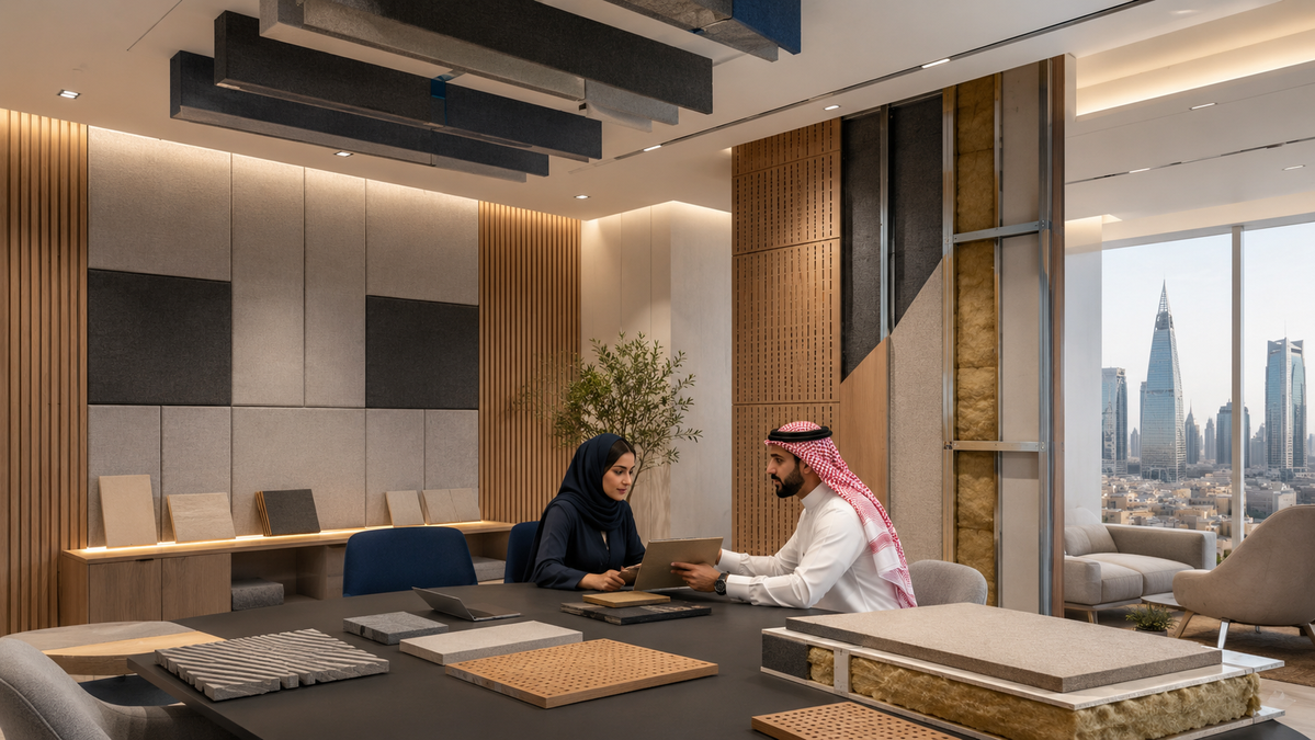Yamamah Smart consultant reviewing acoustic panel samples with a Saudi client in a Riyadh showroom — soundproofing material consultation