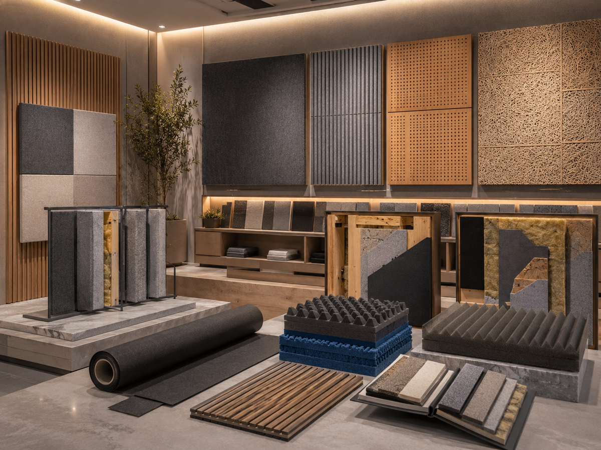 Yamamah Smart acoustic materials showcase — wood wool, perforated wood, slat panels, fabric, foam pyramid, MLV roll, and absorption/insulation cross-sections