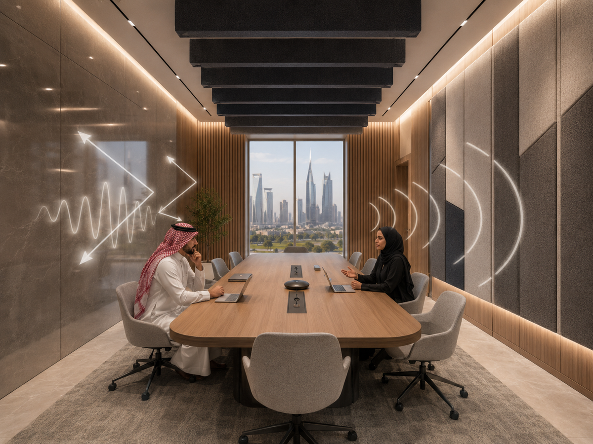 Engineered acoustic meeting room in Riyadh with calibrated acoustic panels, ceiling baffles, and visualised sound wave reduction — STC and RT60 control