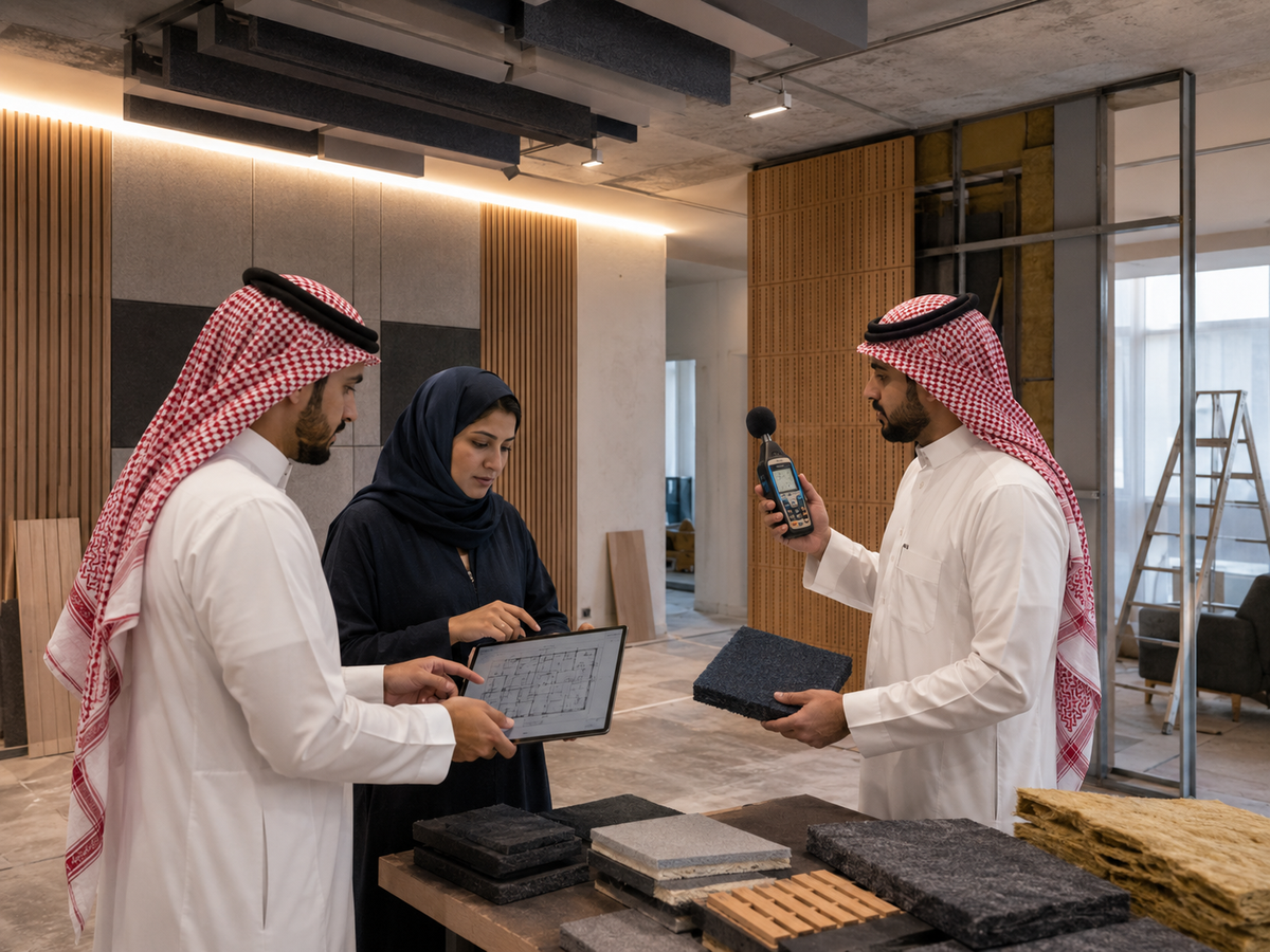 Yamamah Smart Saudi engineering team performing on-site acoustic measurement with sound level meter and material samples before fit-out