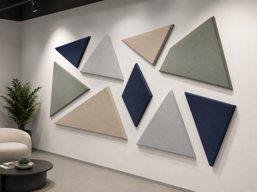 Showroom feature wall with multi-color triangle acoustic panels