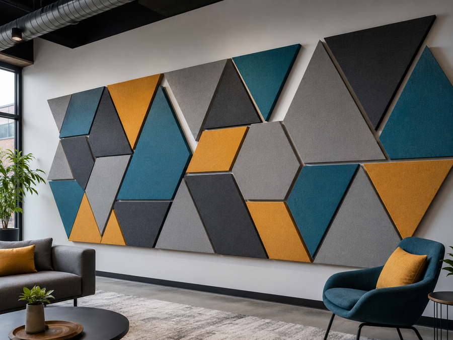 Industrial-style lounge with teal, mustard and grey triangle and hexagon acoustic composition