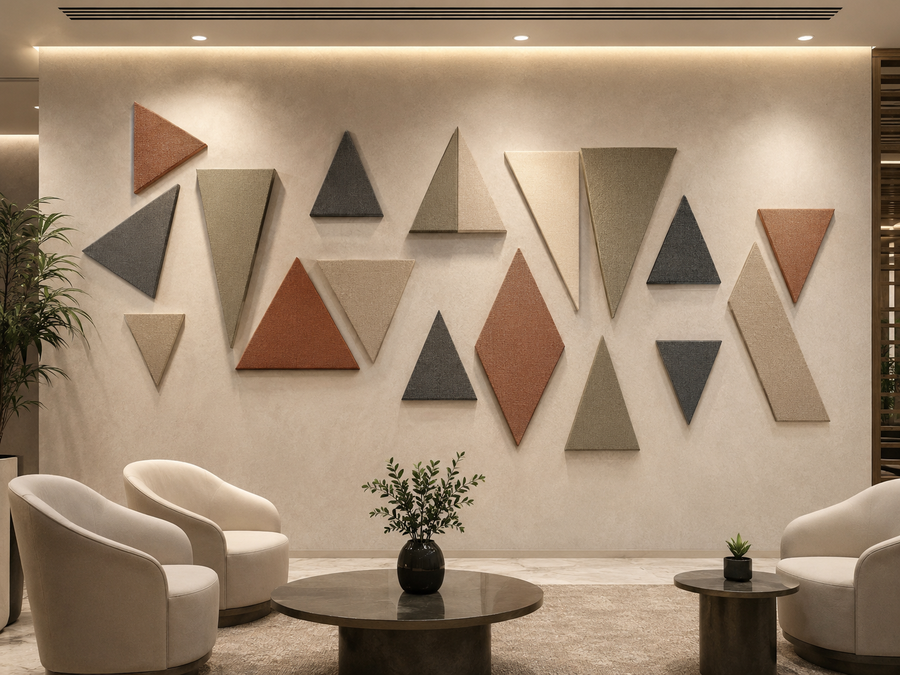 Hospitality lobby feature wall with terracotta, beige and grey triangle acoustic panels