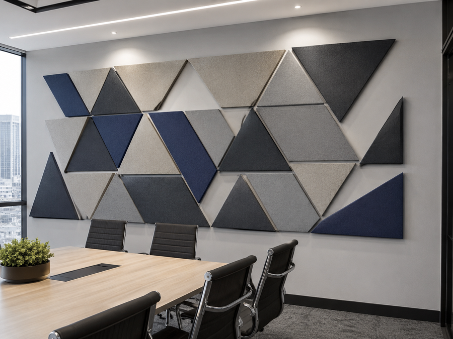 Corporate meeting room feature wall with grey and navy triangle acoustic mosaic