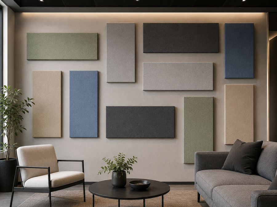 Lounge feature wall with multi-color rectangle acoustic panels