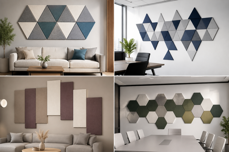 Acoustic fabric panel applications mosaic — triangles, rectangles and hexagons