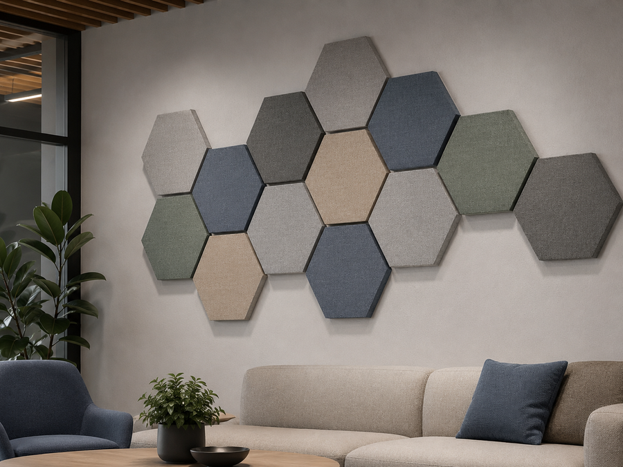 Lounge feature wall with grey, sage and blue hexagon acoustic panels in honeycomb pattern