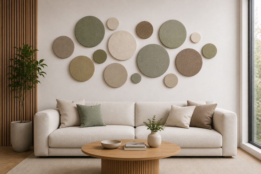 Living room with circle acoustic panels in earth tones