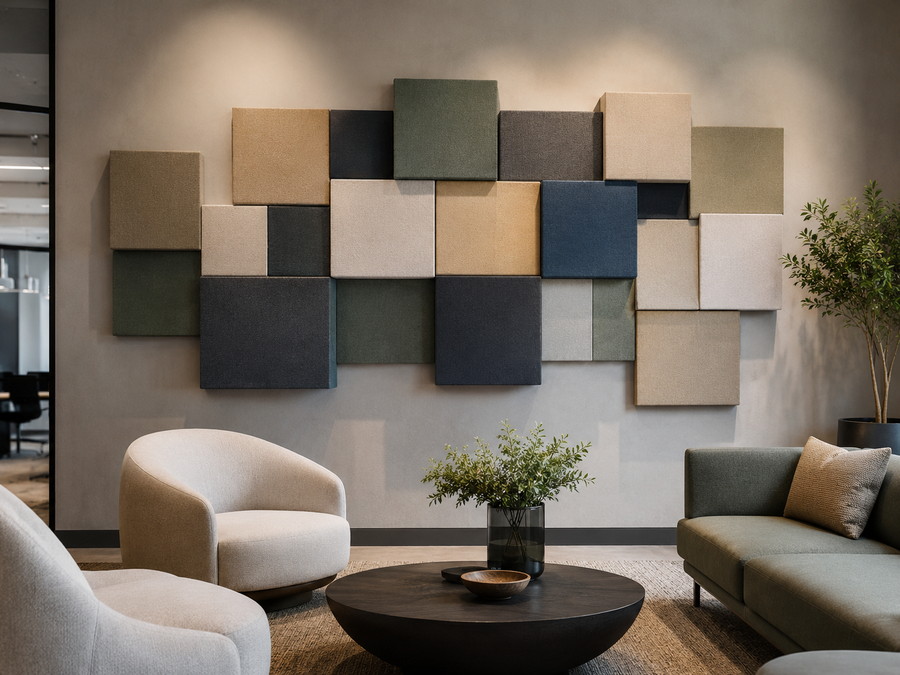 Lounge feature wall with layered square acoustic panels in earth tones