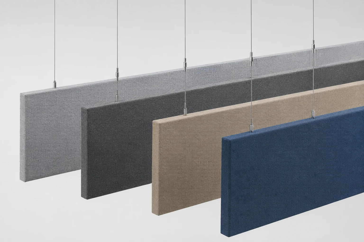 Linear fabric baffles — 4 fabric colours (grey, dark grey, beige, blue)