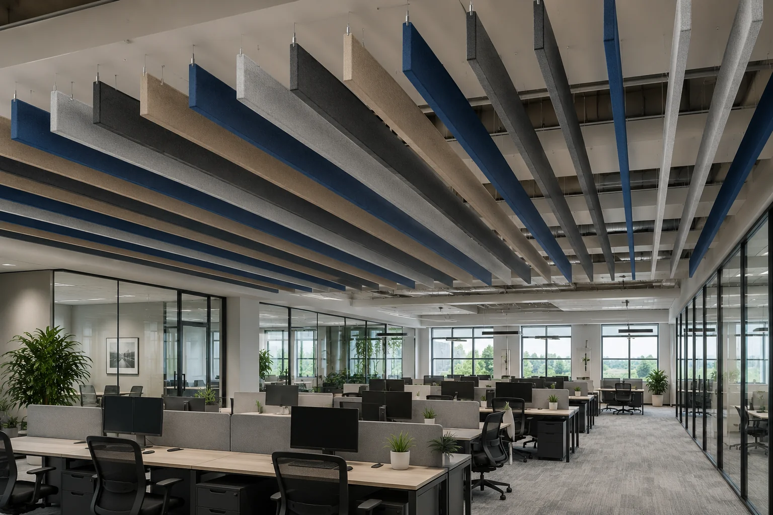 Linear fabric baffles in executive office with 200 mm spacing and 250 mm height