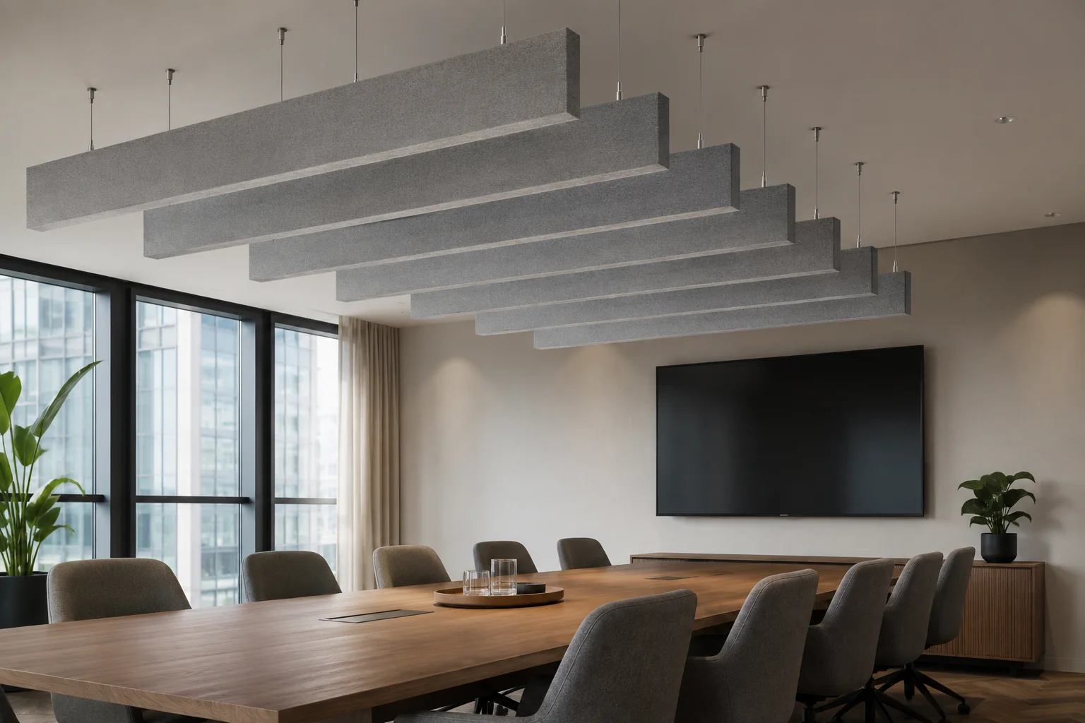 Multi-color linear fabric baffles above open workspace (grey, beige, blue)