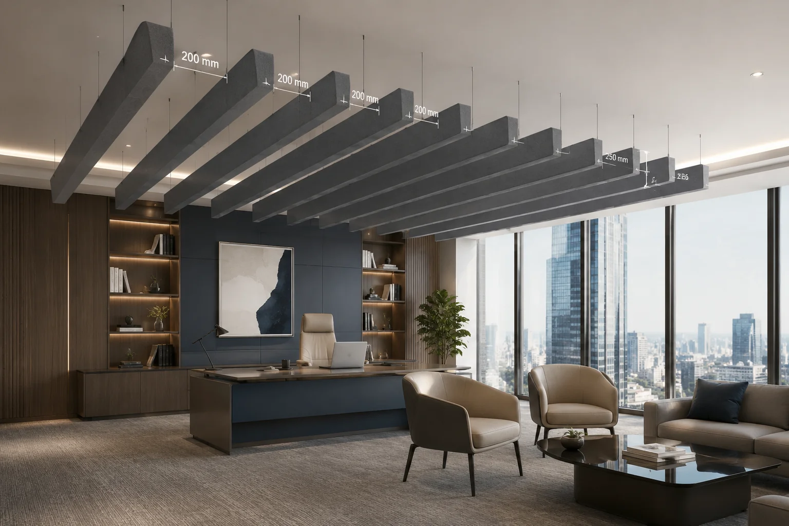 Linear fabric baffles in modern coworking space with mixed fabric colours
