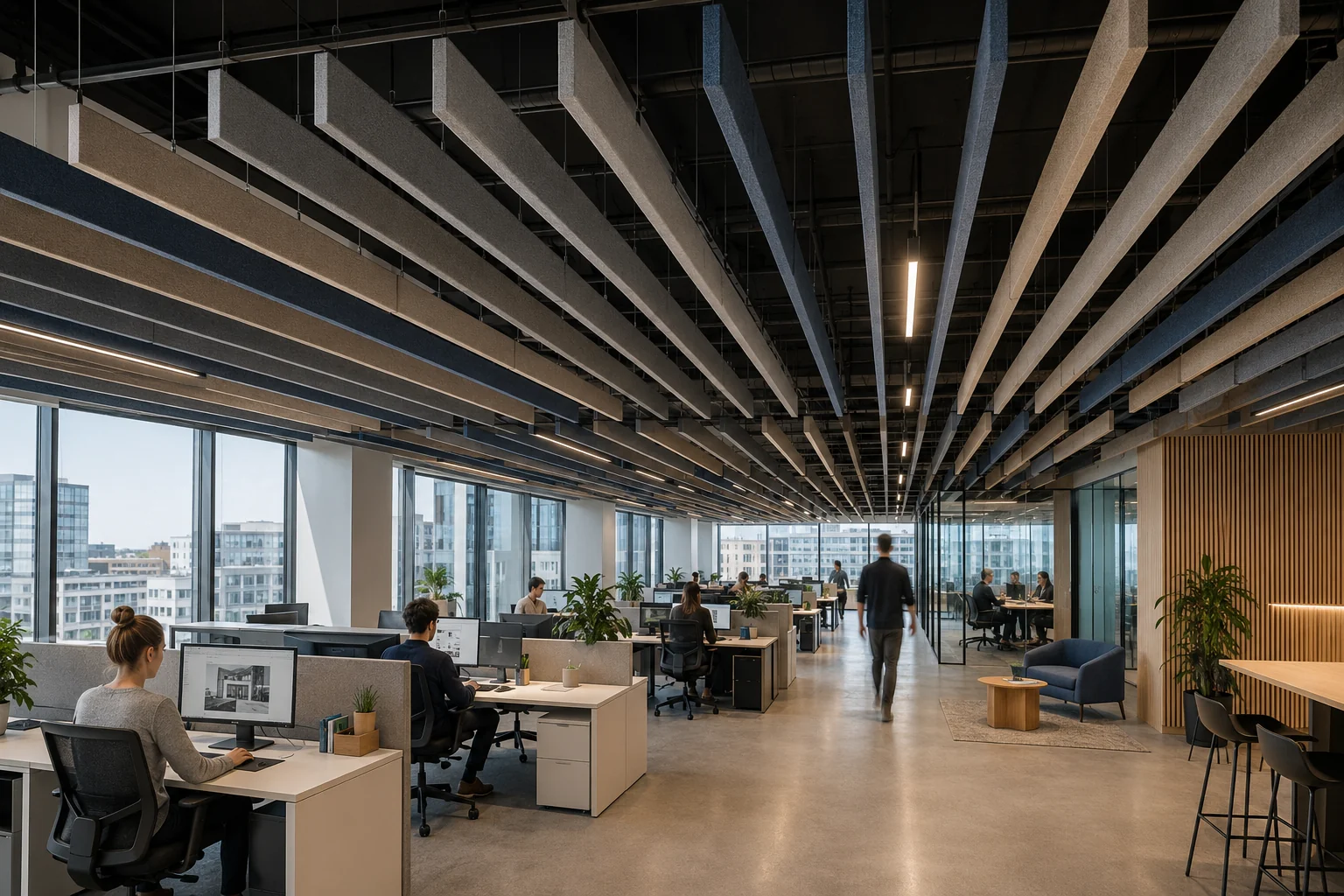 Stepped linear fabric baffles over boardroom conference table