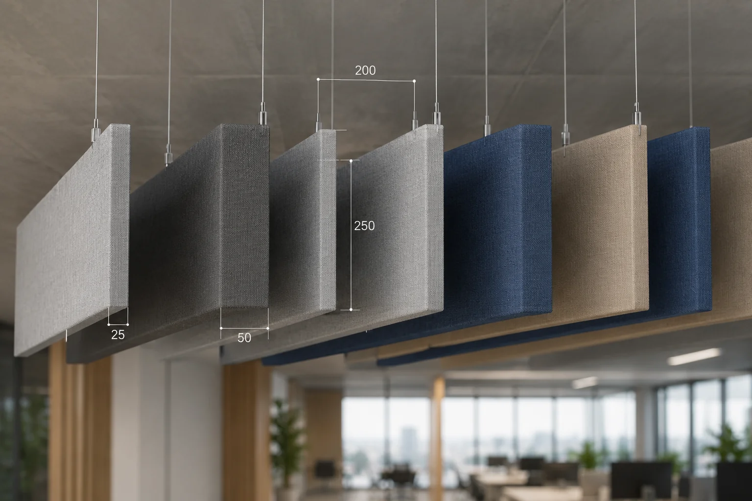 Close-up of fabric baffles showing 25/50 mm thickness and 200/250 mm dimensions