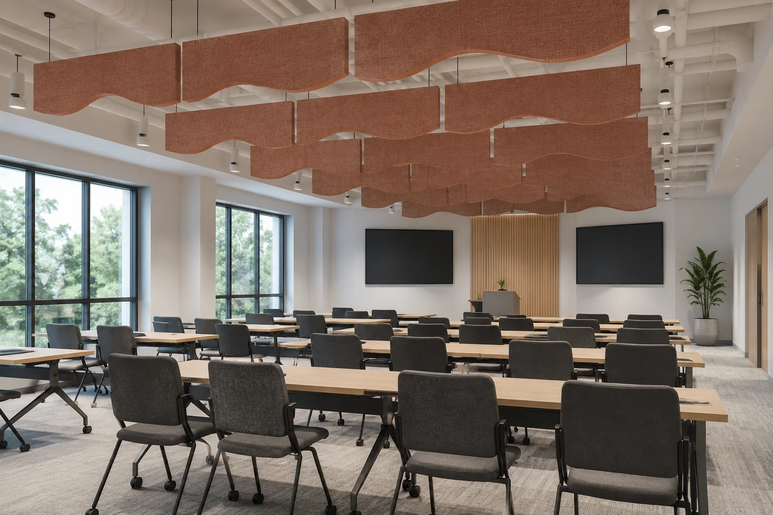 Wave fabric baffles in classroom with orange fabric — multi-row installation