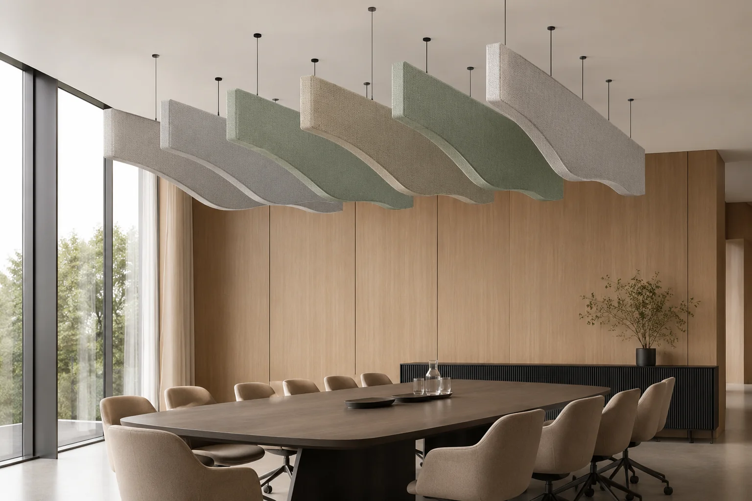 Multi-color wave fabric baffles cascading across workspace — beige, blue, green, terracotta