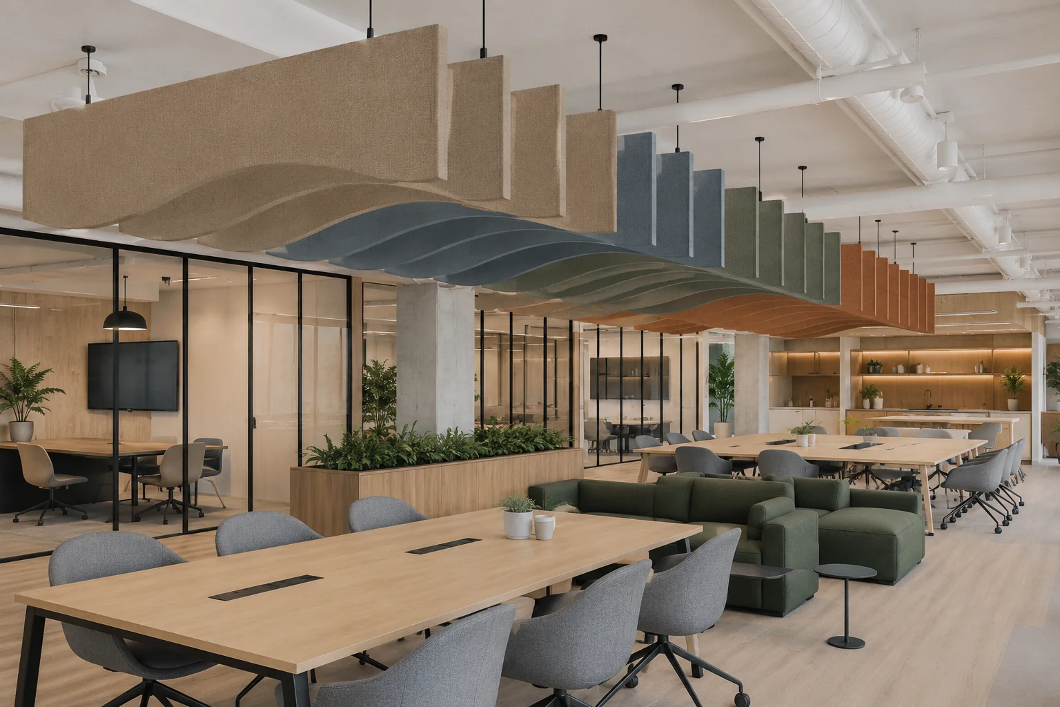 Wave fabric baffles above open office — grey and warm neutrals