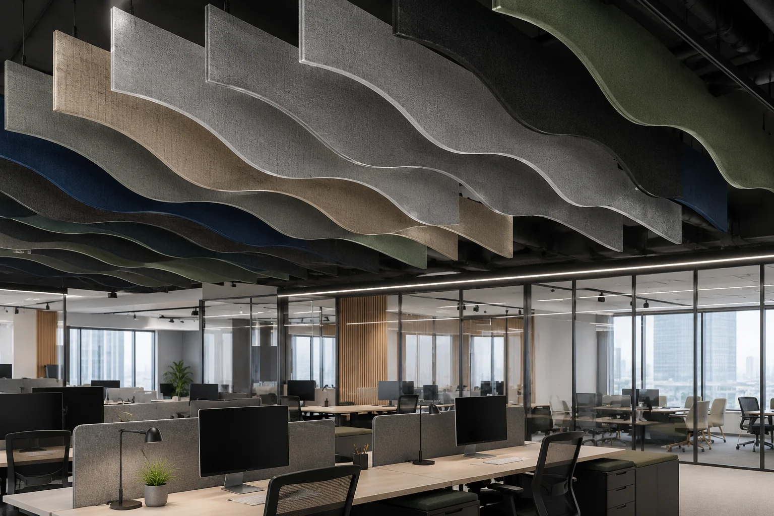 Wave fabric baffles above dining table — natural sage and cream tones
