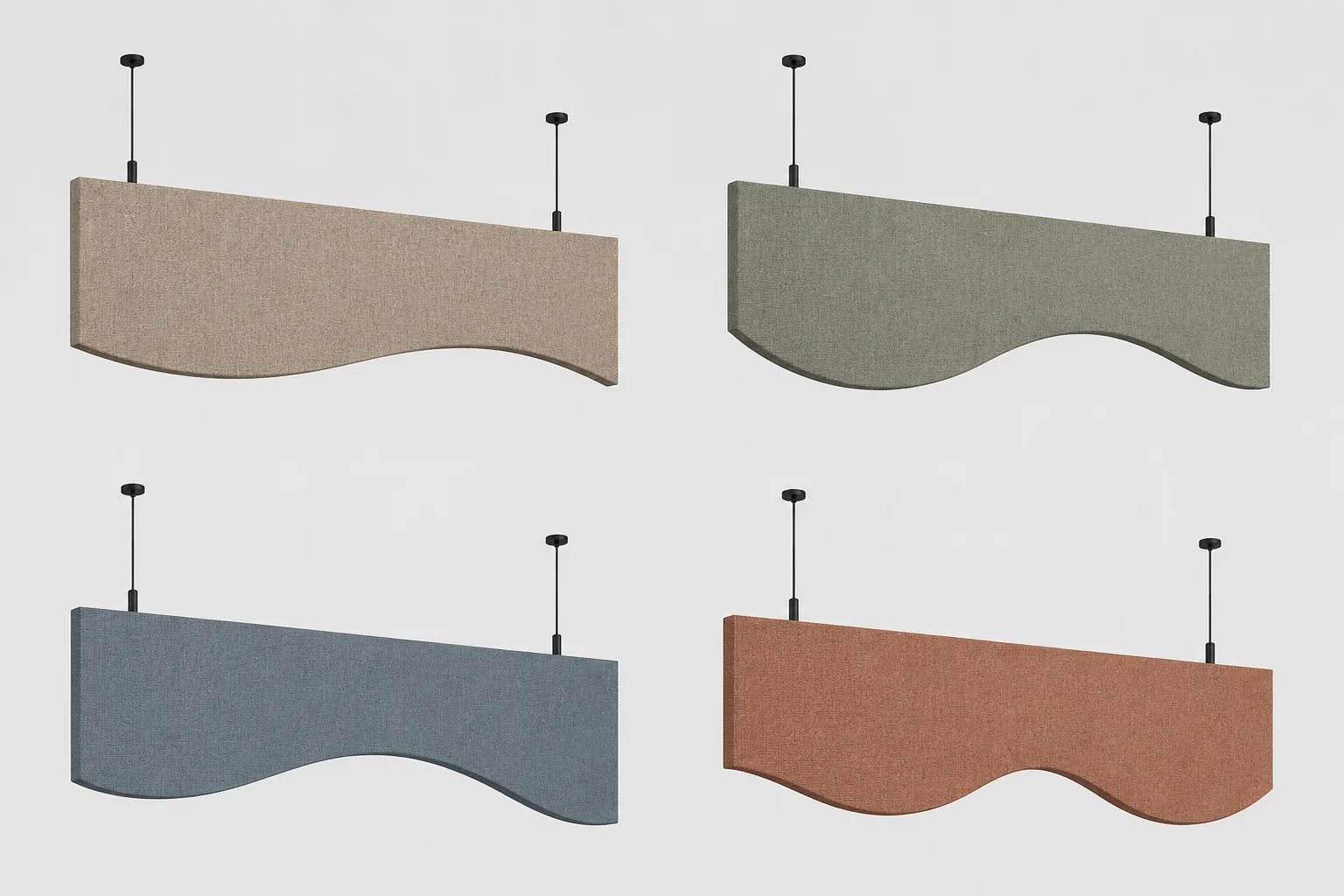 Wave fabric baffles — 4 fabric colour swatches (beige, sage, blue, terracotta)