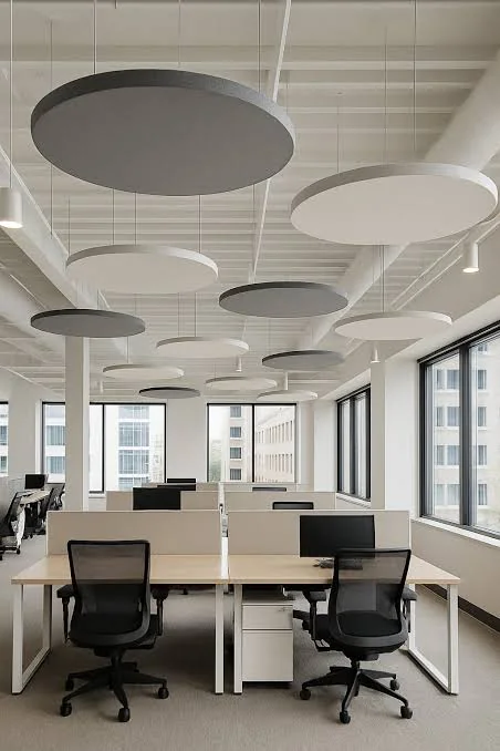 Circular fabric acoustic clouds above modern office — mixed grey and white