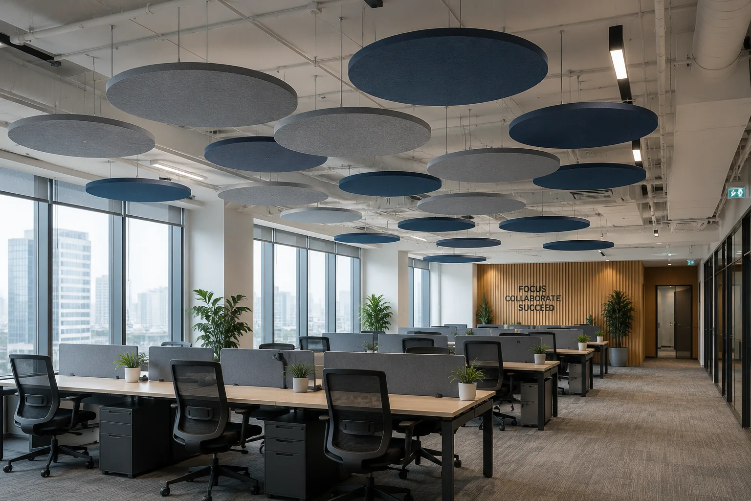 Circular baffles in modern office — blue and grey configuration above workstations