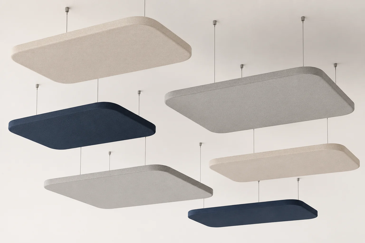 Square fabric ceiling baffles — 6-colour studio group with rounded corners