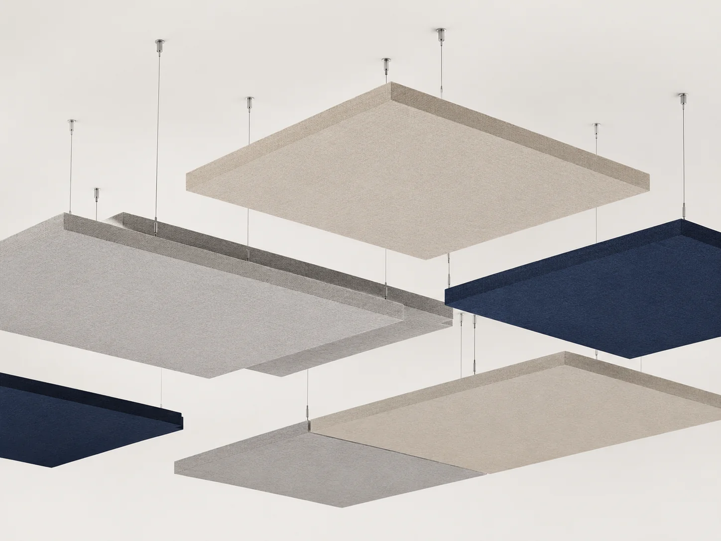 Square fabric ceiling rafts — studio composition of 6 units in beige, grey, and dark blue