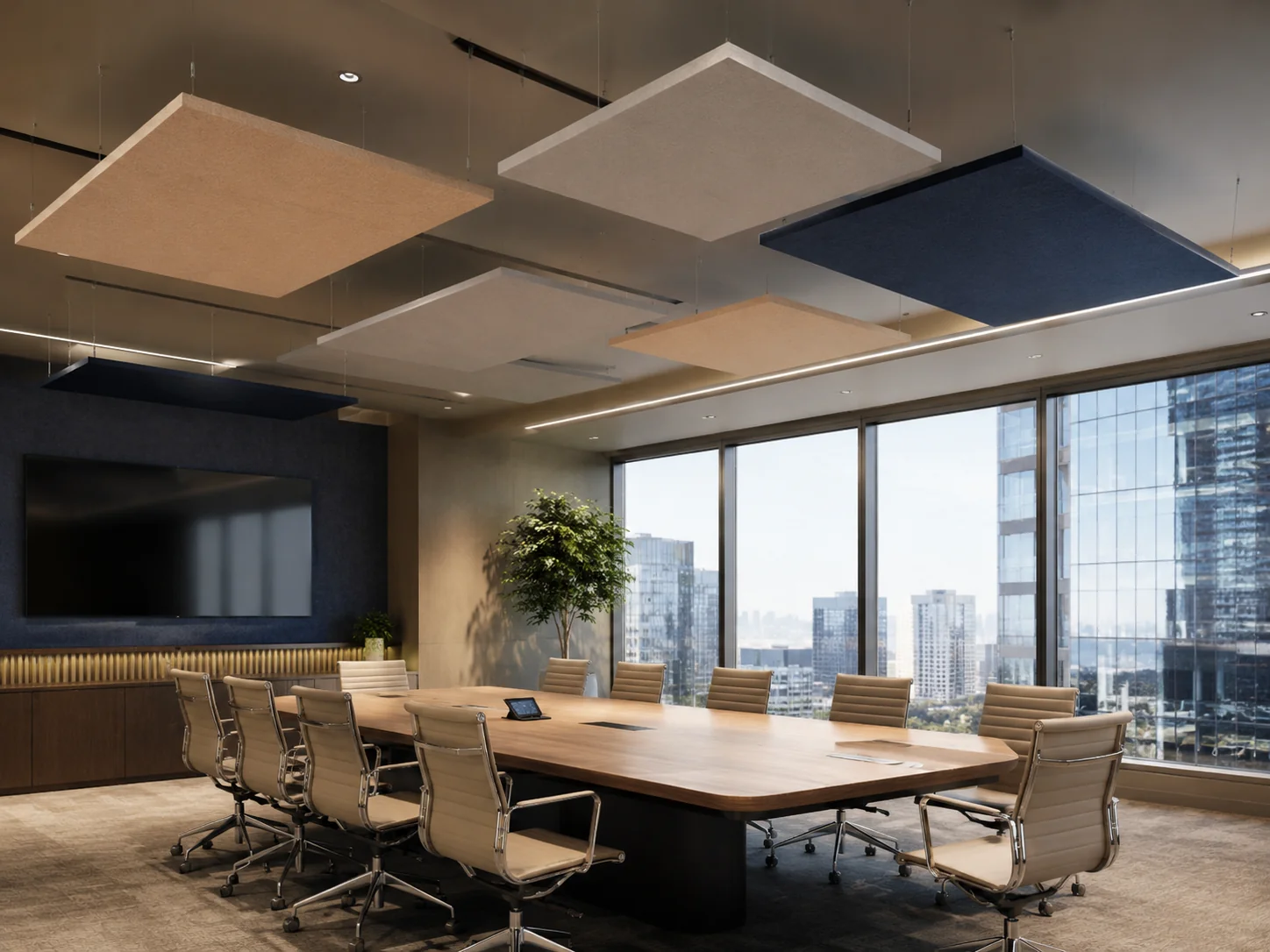 Square fabric baffles above corporate boardroom — mixed neutral and blue tones with city view