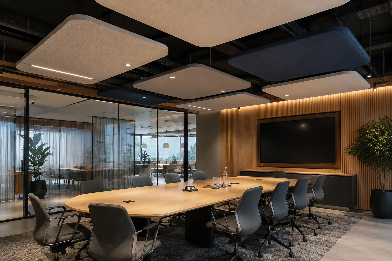 Square fabric baffles above warm-wood boardroom with modern lighting